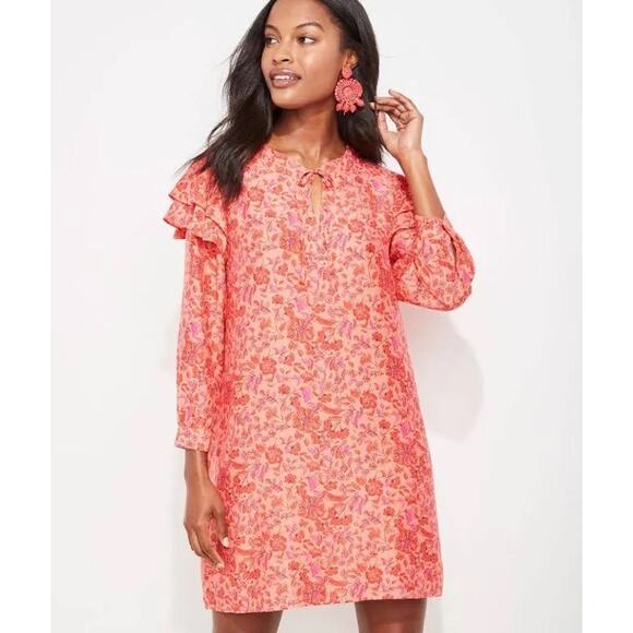 Vineyard Vines NWT Papaya Floral Helenium Tunic Loose Puff Sleeve Silk Dress XS - Picture 3 of 10
